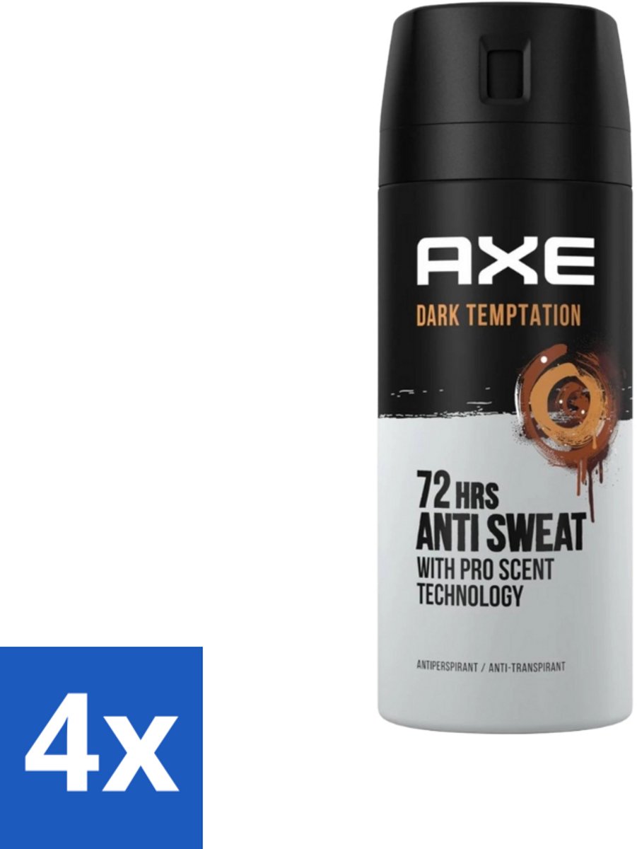 4 x Axe - Deodorant Spray - 72hrs Anti Sweat - Dark Temptation - 150 ml - Anti-transpirant - Deodorant - Axe Dark Temptation - Chocolade Geur - Kruiden Geur