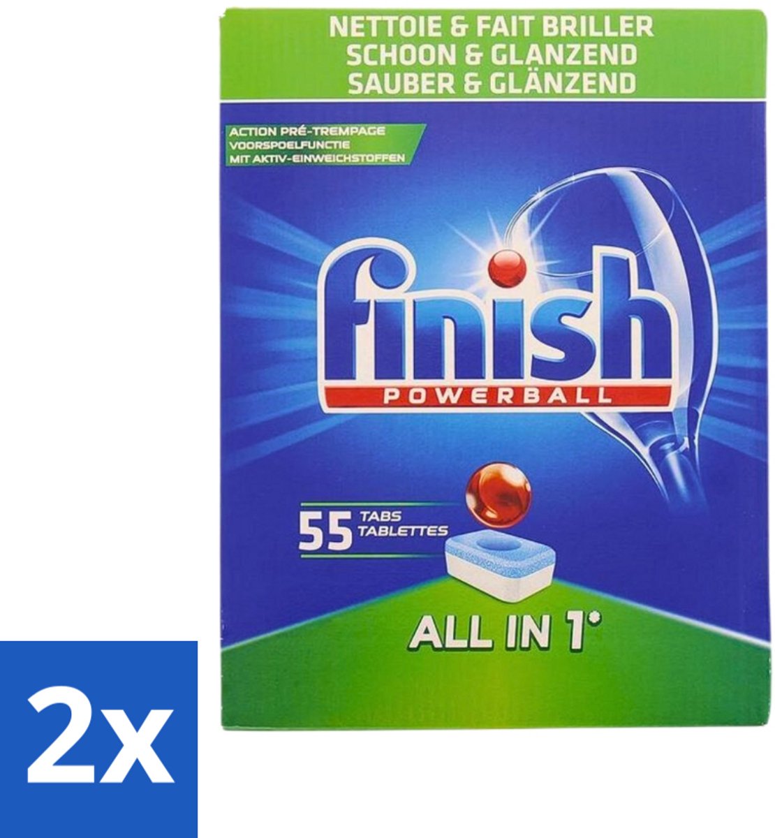2 x Finish Powerball - All in 1 - Vaatwastabletten - Schoon & Glans - 55 Tabletten - Vaatwastabletten - Vaatwasser - Schoonmaak - Glans - Diepe Reiniging