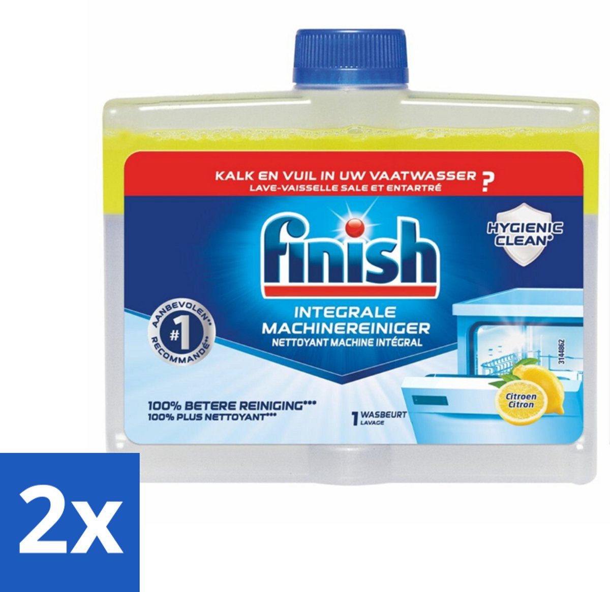 2 x Finish - Integrale Machinereiniger - Hygienic Clean - Anti-Kalk & Anti-Vuil - Citroen - 250ml - Vaatwasmachine Reiniger - Vaatwasser Schoonmaken - Anti-kalk - Vaatwasser Onderhoud - Finish