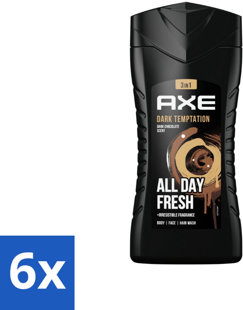 6 x Axe - 3-in-1 Douchegel - Dark Temptation - Dark Chocolate - 12hrs Long Lasting Scent - 250 ml - Douchegel - Axe - Dark Temptation - Chocoladegeur - 3-in-1