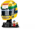 Gele LEGO helm met blauwe, groene en rode strepen, "HONDA" en "NACIONAL" logo's. Met minifiguur en displaystandaard.