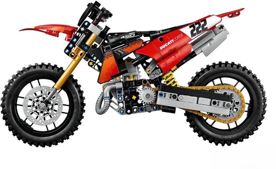 Lego Technic Ducati motorfiets, rood met zwarte en gouden details, gouden ketting en vering. Nummer 222.