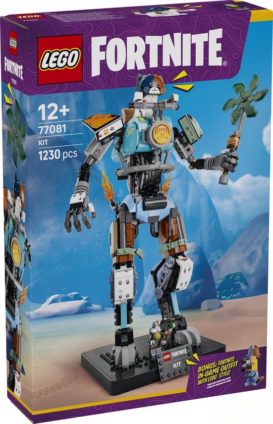 Boîte LEGO Fortnite 77081. Robot à tête de chat, armure bleu clair et épée à hélice verte sur socle.