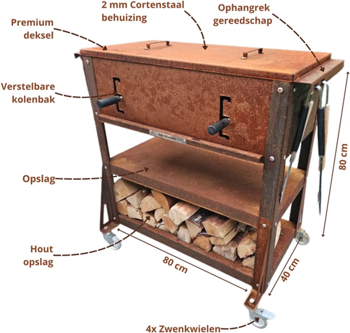 FAF Techniek FAF Pro - Mobiele Buitenkeuken en Barbecue - Cortenstaal - 80x40x80 cm