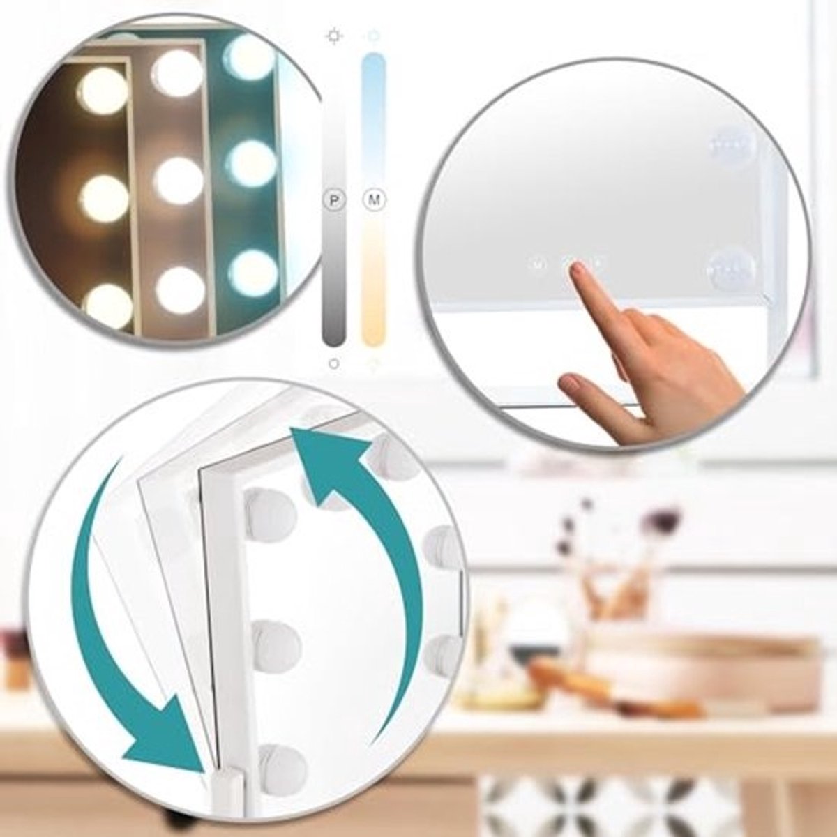 Make-upspiegel met Dimbare LEDverlichting en 3 Lichtmodi voor Badkamer en Kleedkamer