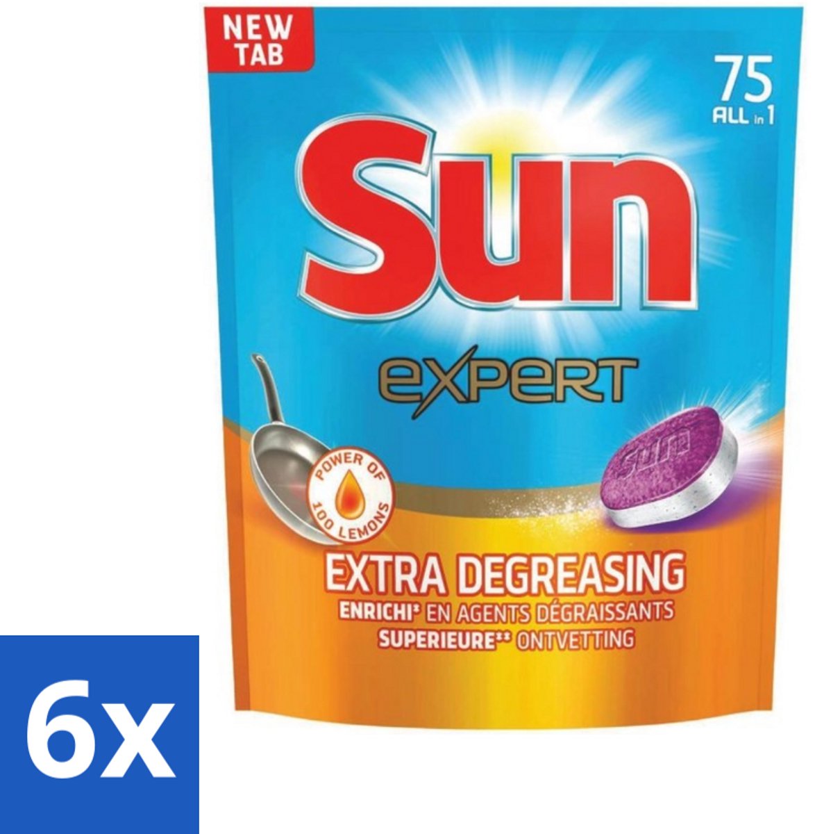 6 x Sun Expert - All-in-1 - Vaatwastabletten - Extra Ontvettend - 75 Tabletten - Vaatwastabletten - Vaatwasser - Ontvettende - Vaatwasmiddel - Spoelglans
