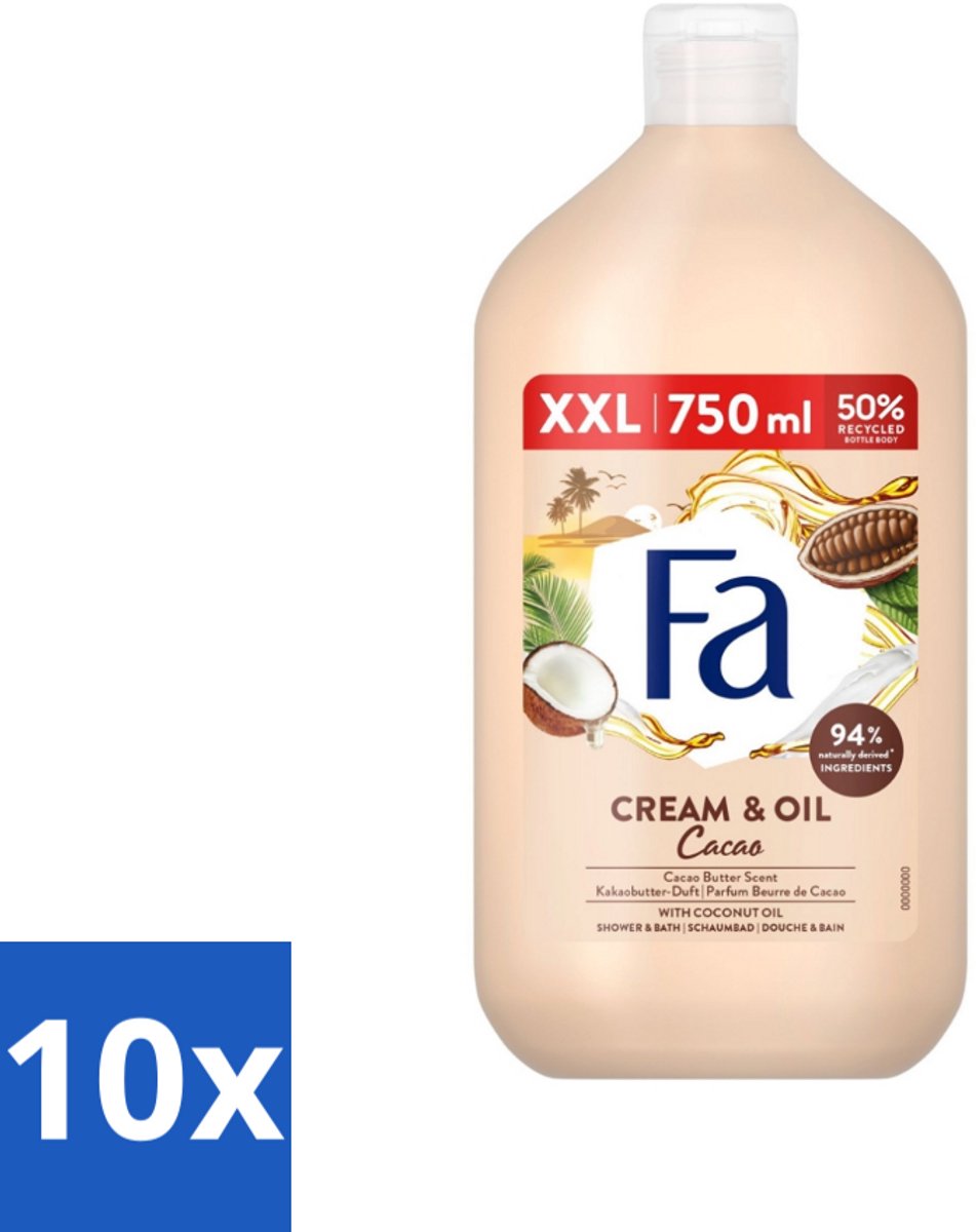 Fa - Cream & Oil Cacao - Bad- & Douchegel - Cacaoboter Met Kokosolie - 750 ml - Bulkverpakking - 10 stuks