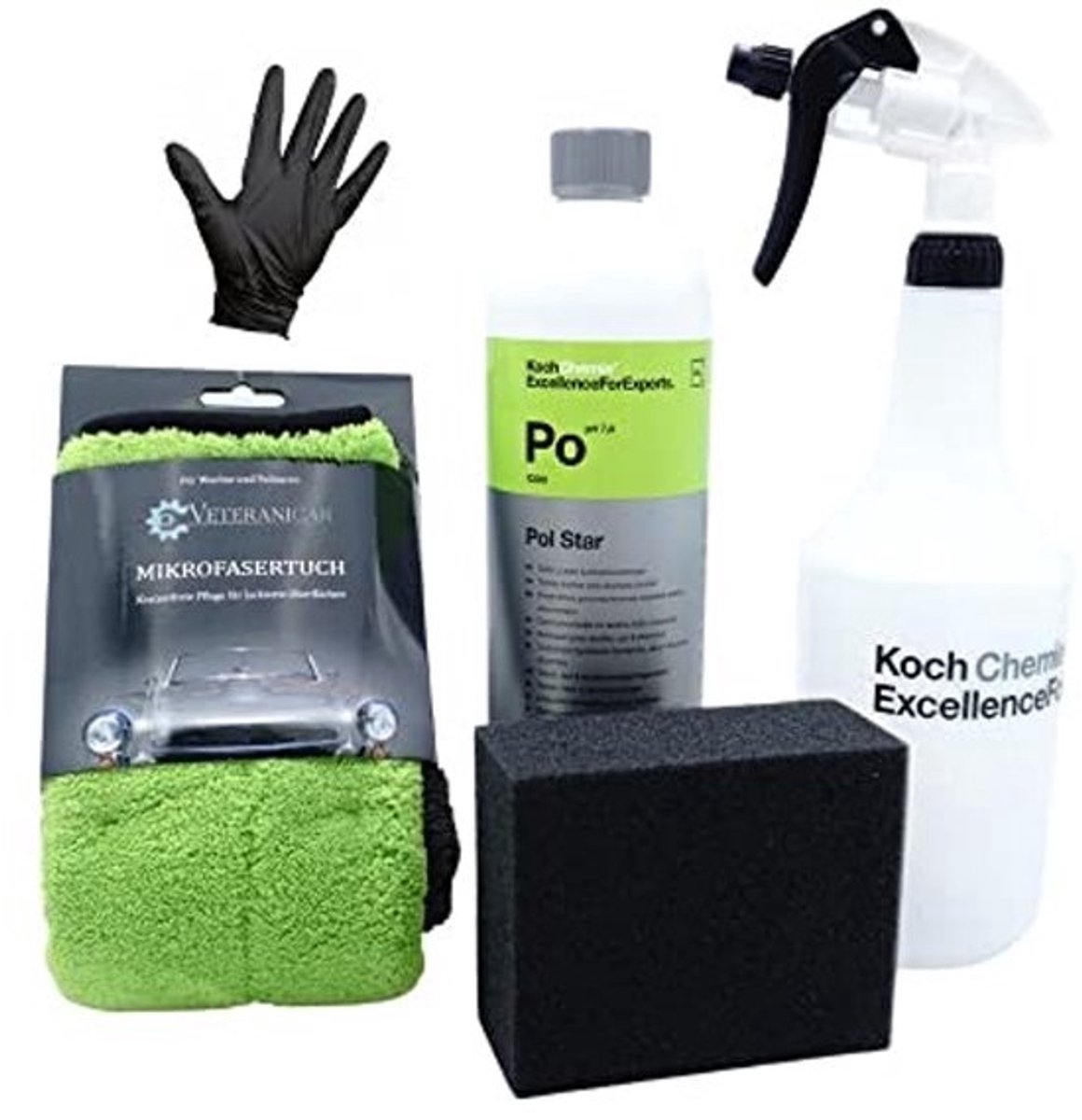Textiel-, leer- en alcantara-reiniger set - 1 liter met spuitfles, doek, handschoenen en spons