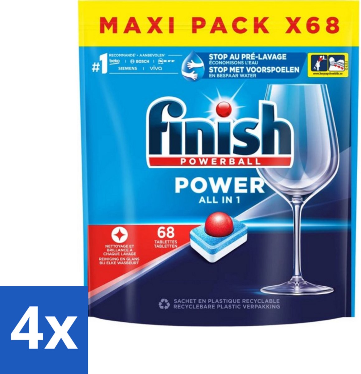 4 x Finish Powerball - Power All in 1 - Vaatwastabletten - Reiniging & Glans - 68 Tabletten - Vaatwastabletten - Vaatwasser - Diepe Reiniging - Glanzend Resultaat - Alles-in-één