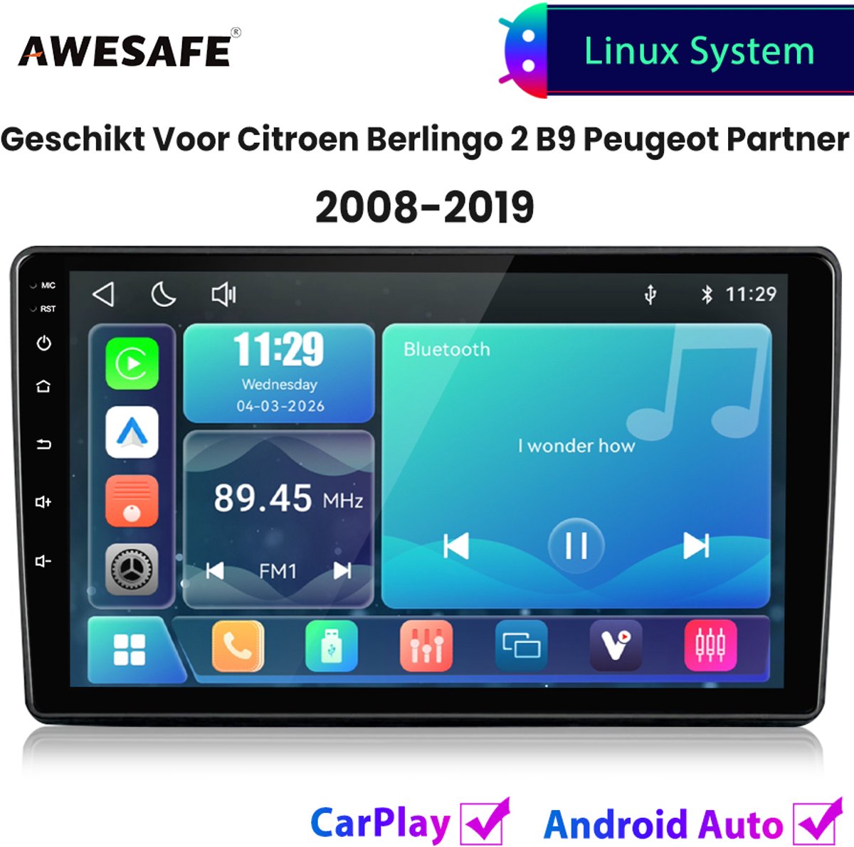 Awesafe Autoradio - Geschikt Voor Citroen Berlingo 2 B9 Peugeot Partner 2008 t/m 2019 - Draadloos Carplay Android Auto - Linux systeem - Touchscreen - Bluetooth Wifi - 2008 2009 2010 2011 2012 2013 2014 2015 2016 2017 2018 2019