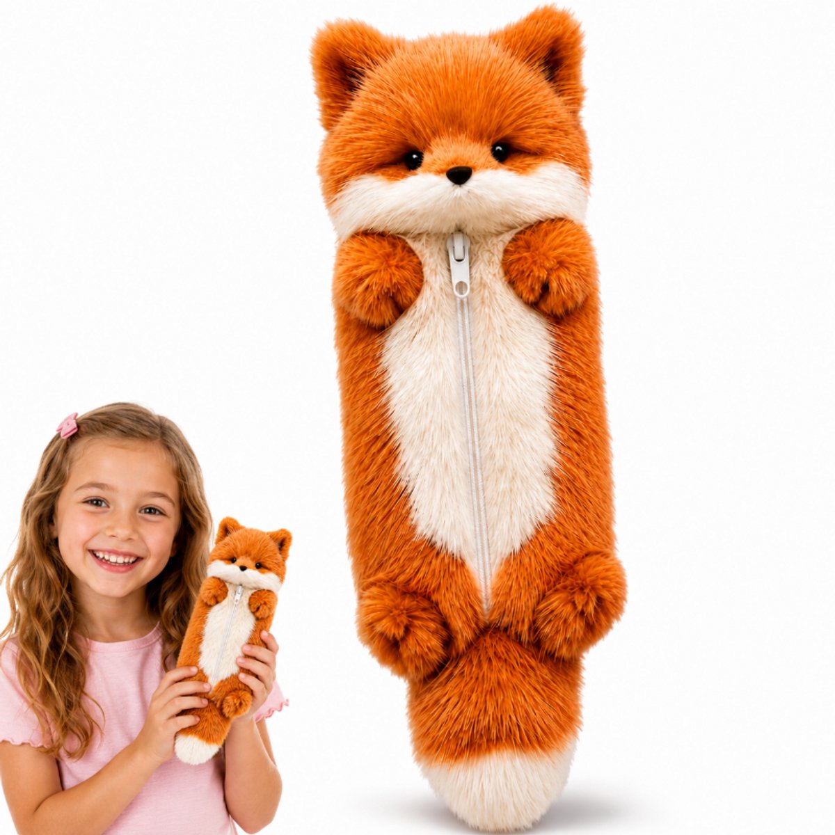 Etui - Pennenzak Pluche- Grote Capaciteit - Met Vossenmotief Zachte - Schattig - Voor Meisjes, Opbergen Van Schrijfwaren En Cosmetica, Bruin