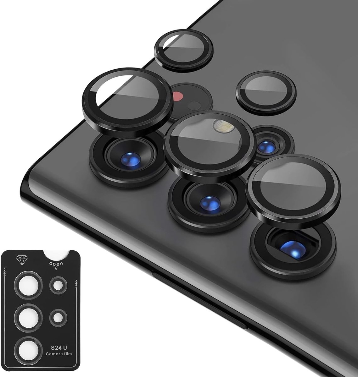 Hoogwaardige Camera Lens Beschermfolie voor Samsung Galaxy S24 Ultra - HD, Krasbestendig, Tempered Glass en Aluminium Ring - Eenvoudige Installatie, 1 Set (Zwart)
