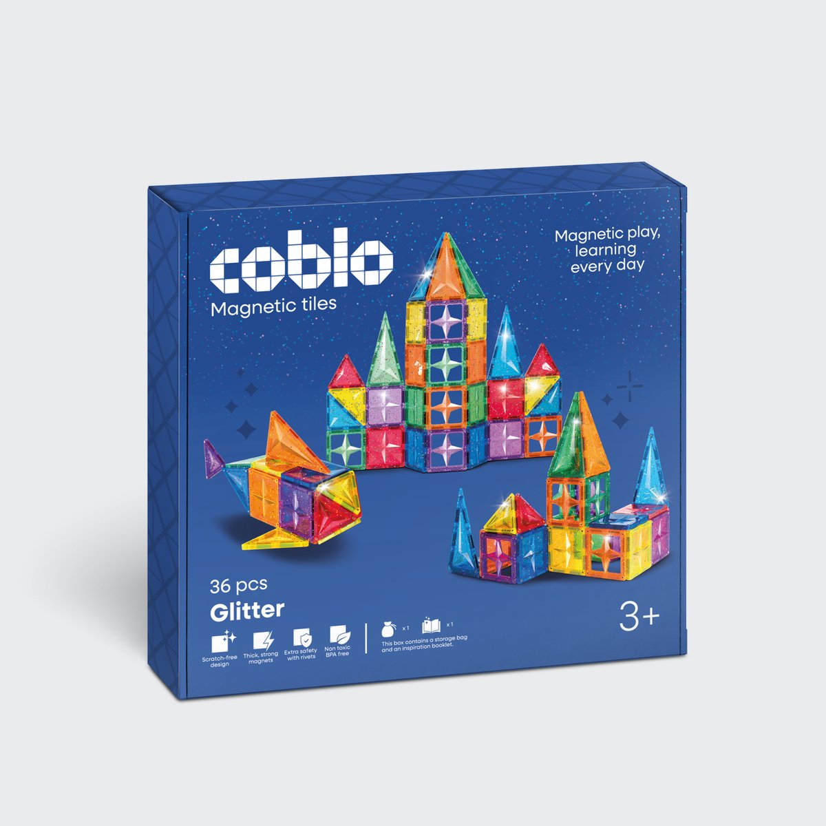 Coblo - Magnetic Tiles – Classic Glitter 36 stuks – Magnetische Tegels – Montesorri Speelgoed - Magnetisch speelgoed – Vanaf 3 jaar