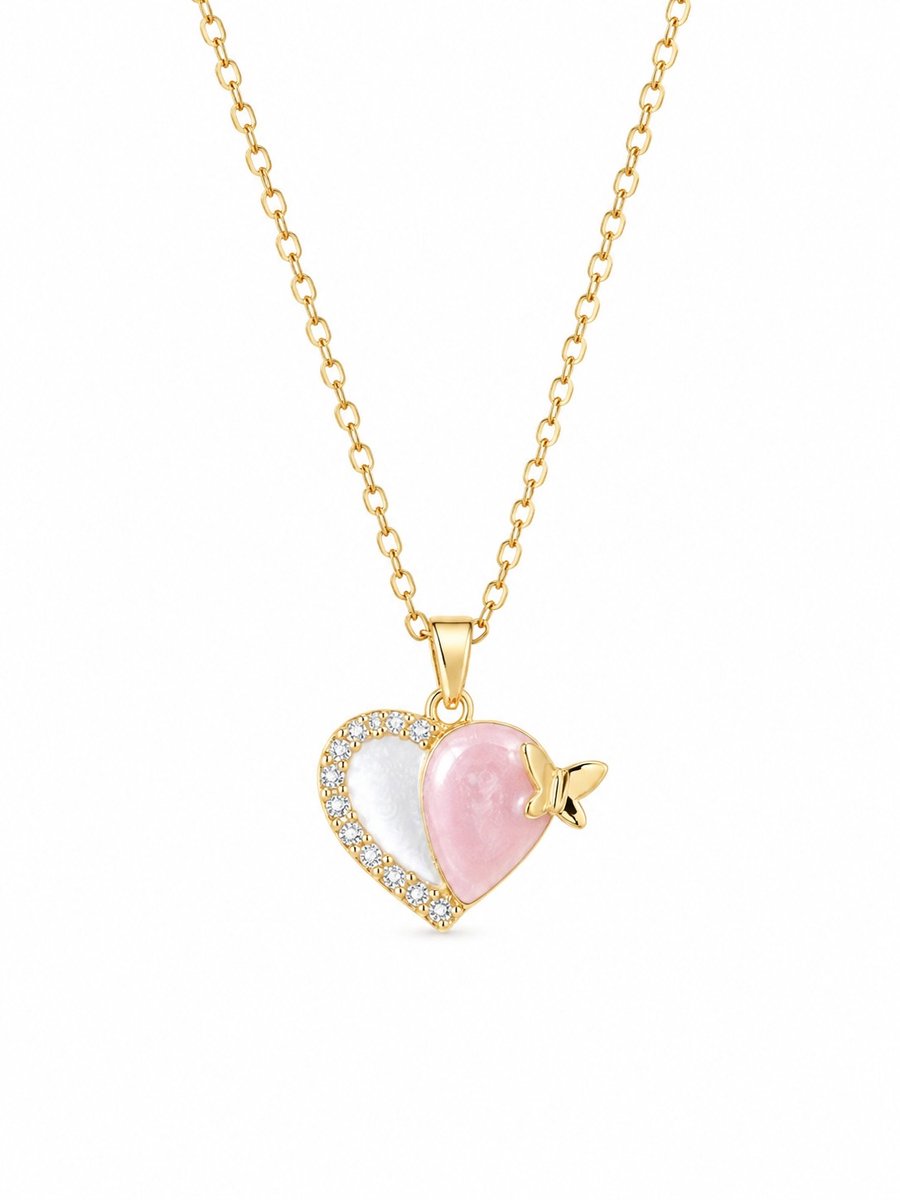 Ketting Meisje- Meisjesketting Hartje-Ketting goudkleurig meisje- Strass- Roze- Hartje Roze Wit- Goudkleurig- Ketting met hart- Kind- LiLaLove- Cadeau meisje