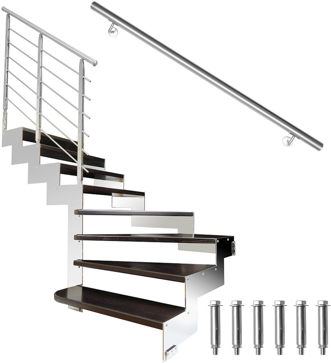 RVS leuning 140 cm Ø42 mm van 304 roestvrij staal, geborstelde trapleuning voor wandmontage, geschikt voor trap balkon terras binnen buiten