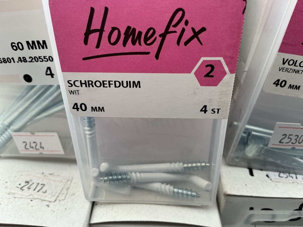 Schroefduim Wit. Ophanghaak. 40mm. Lang. 4 stuks.Homefix.