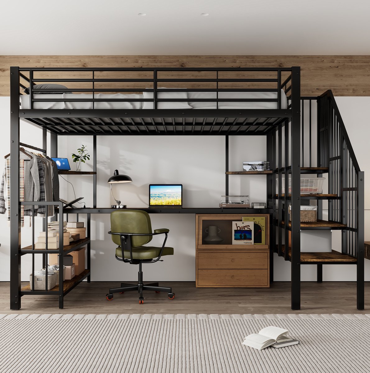 Wishdor Hoogslaper met ladder en opbergruimte - Met laadpunt en kledinghanger - Stabiel metaal en MDF - Modern design - Slaapkamer kinderkamer kantoor - Zwart - 251,5 x 125 x 170 cm