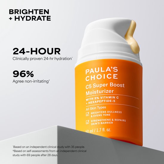 Paula's Choice C5 Super Boost Moisturizer pompflacon met gele crème uit de tuit. Tekst: 'BRIGHTEN + HYDRATE', '24-HOUR', '96% Agree non-irritating'.