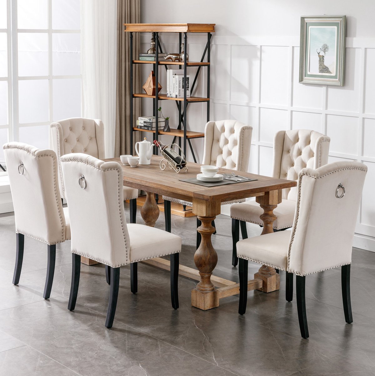 MIVRAY Eetkamerstoel 6 Delig Set Beige - Luxe Fluwelen Design Met Knopen En Metalen Noppen - Voor Eetkamer En Woonkamer - Houten Poten