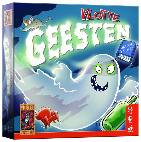 Doos van het spel Vlotte Geesten met een lachende geest, een muis op een boek, een rode stoel en een groene fles.