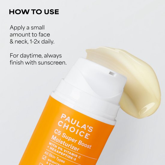 Paula's Choice C5 Super Boost Moisturizer pompflacon met een gele crème eruit. Tekst: 'HOW TO USE'.