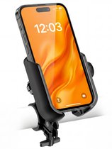 Zwarte, robuuste telefoonhouder voor fiets, motor of scooter, bevestigd aan een stuur.