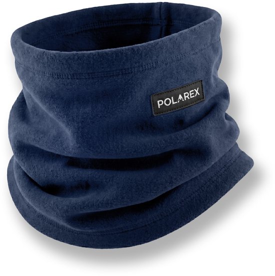 Een navy nekwarmer met een POLAREX label, gevouwen om warmte te tonen.