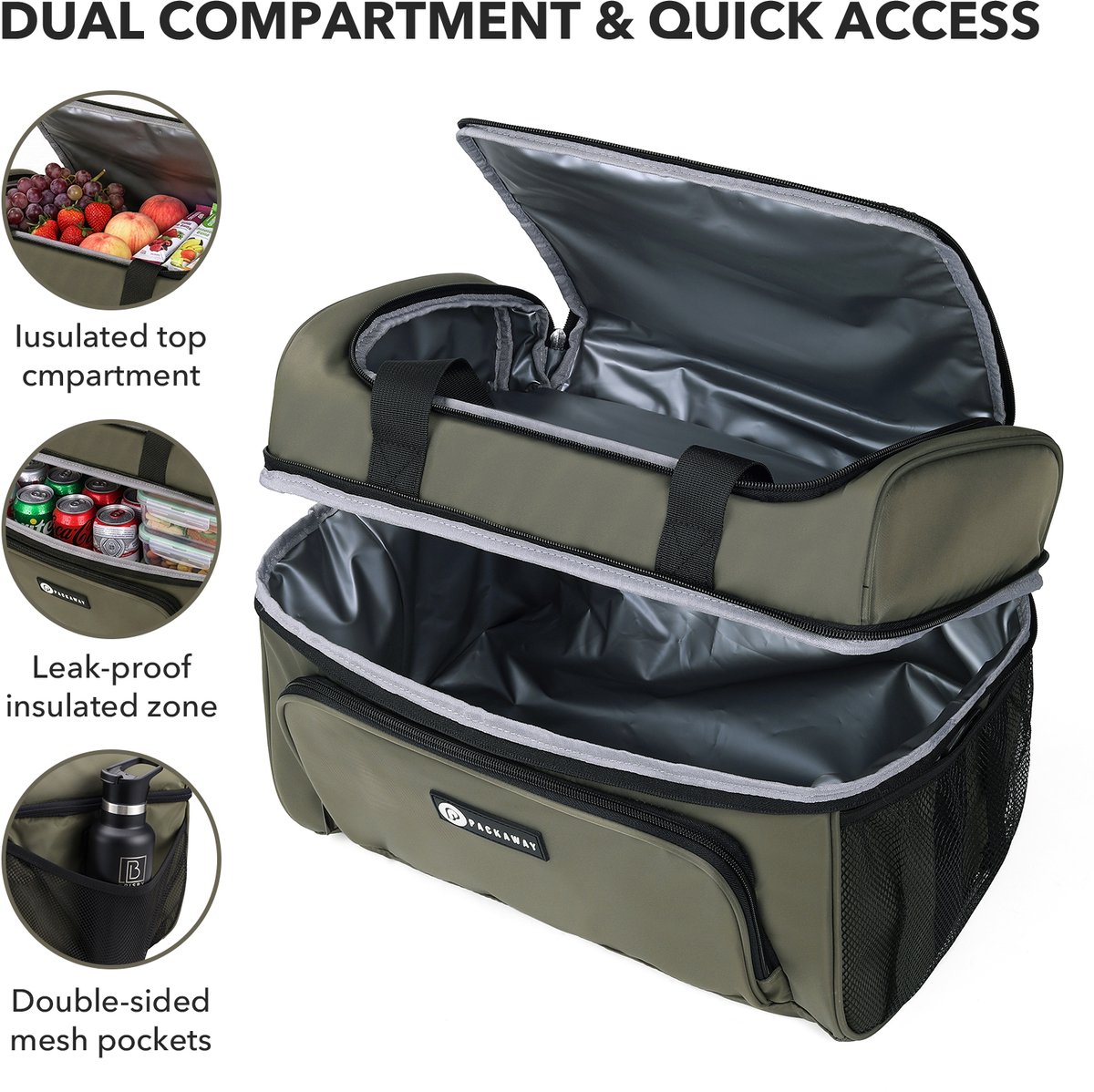 Packaway Koeltas 20L - Lunchtas - Inclusief 4 Koelelementen - Dubbel Compartiment - 4-Laags Geïsoleerd - Waterafstotend - Olive Green — cadeau in Sport & Outdoor - foto 7