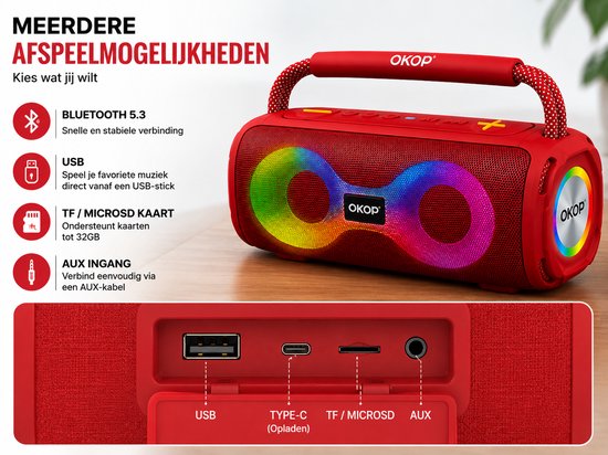 OKOP Bluetooth speaker - Draadloze muziek box - Draagbaar - Verlichting - 2x5W - Verschillende kleuren - RGB LED - Rood van OKOP — afbeelding 2