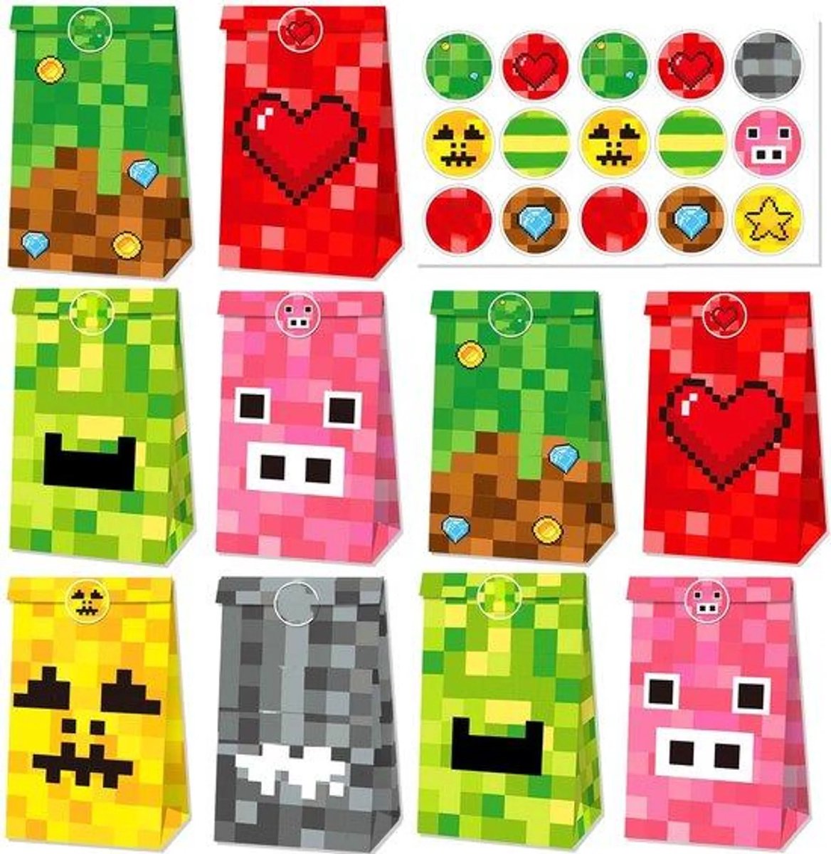 Uitdeelzakjes papier 12 Stuks - Snoepzakjes - Traktatiezakjes - Cadeau zakjes - Cadeau tasjes - 18 sluitstickers - Pixel verjaardagsfeestdecoratie - spel fans - accessoires - voor het inpakken van cadeaus, bruiloften, kinderfeestjes