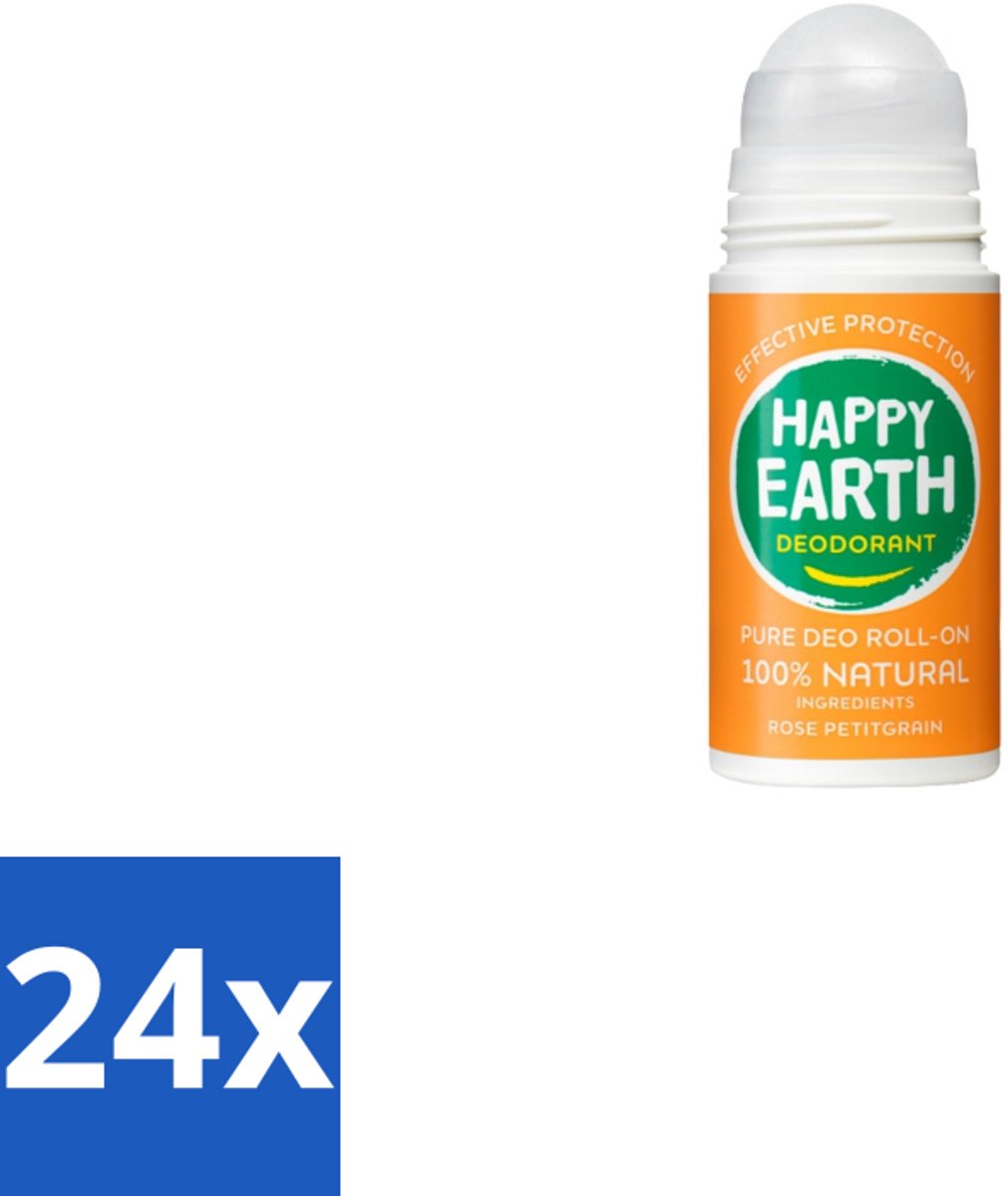 Happy Earth – Deodorant Roll-On – 100% Natuurlijk Rose Petitgrain – 75 ml - Voordeelverpakking - 24 stuks