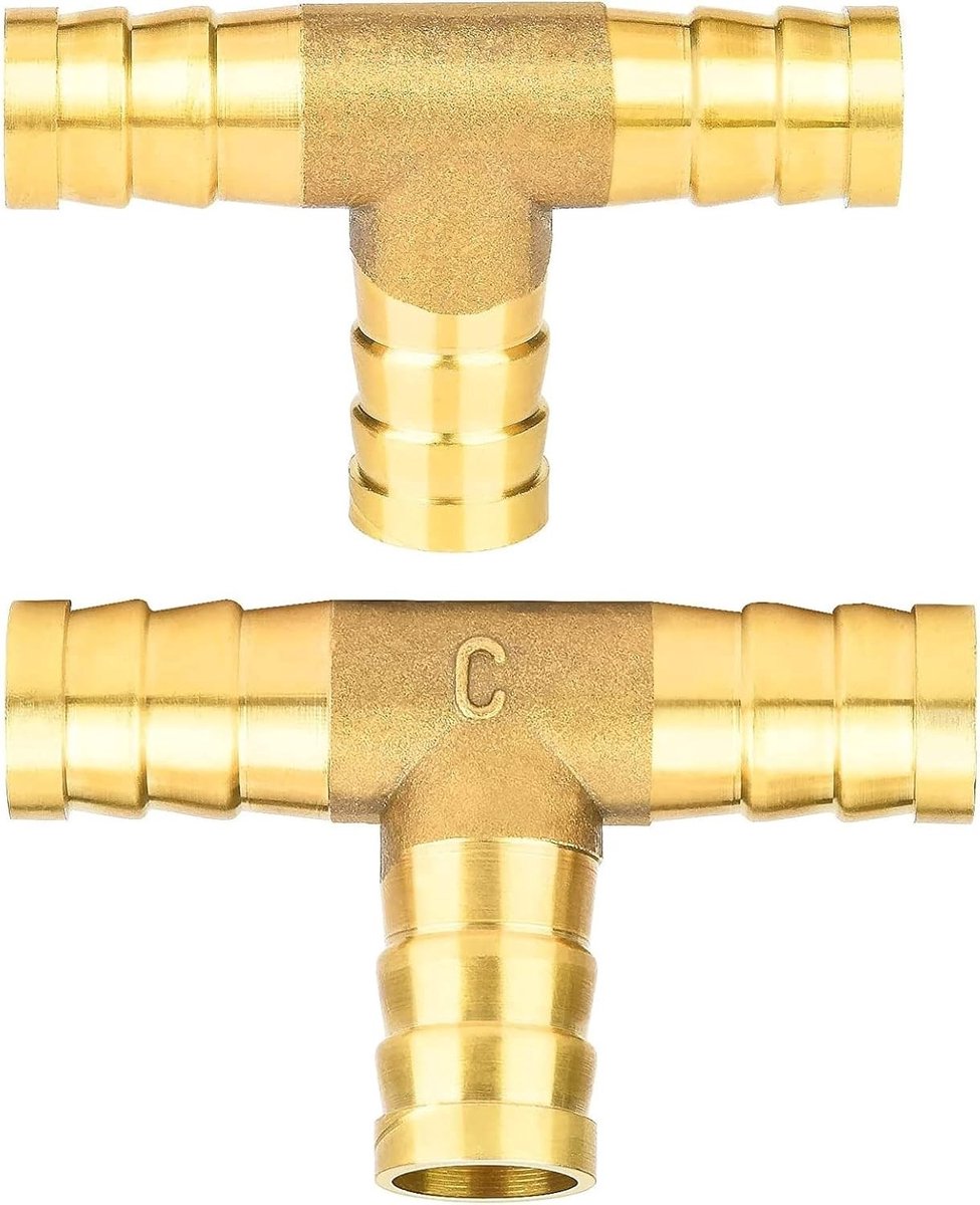 T-Connector 10 mm 3-Way Tee voor Perslucht Slang - Messing Hose Connector Set van 2 Stuks