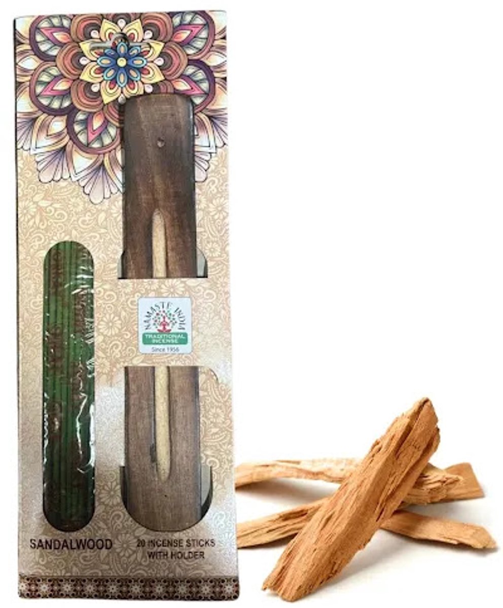 Namaste India Wierookhouder met 20 Wierookstokjes – Stabiele Designer Wierookbrander – Sandelhout – Aromatherapie & Meditatie Cadeau Met Kajal Sticker