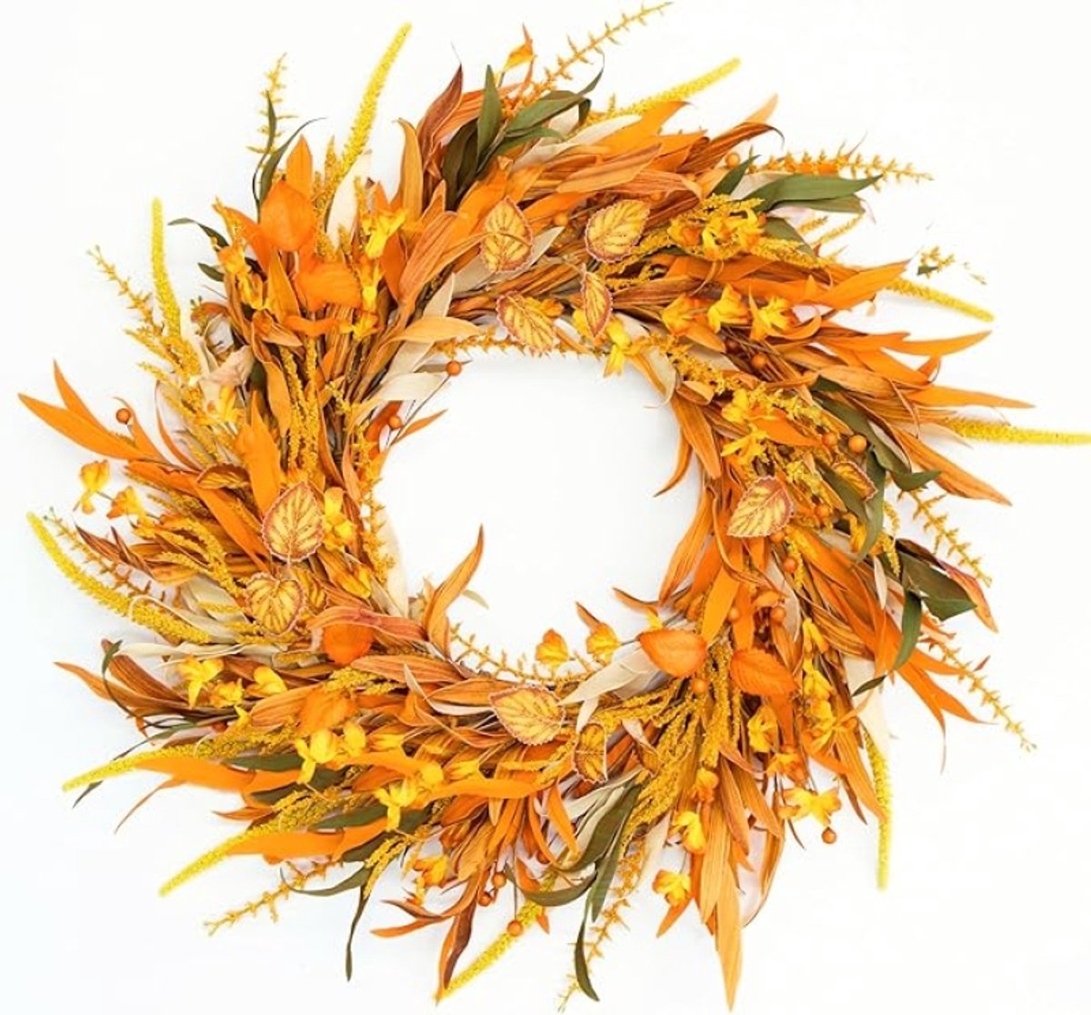 60 cm Herfstkrans voor Voordeur - Oogst Tarwekrans met Oranje Bloemen - Seizoensgebonden Decoratie voor Binnen en Buiten - Boerderijstijl voor Thanksgiving en Halloween