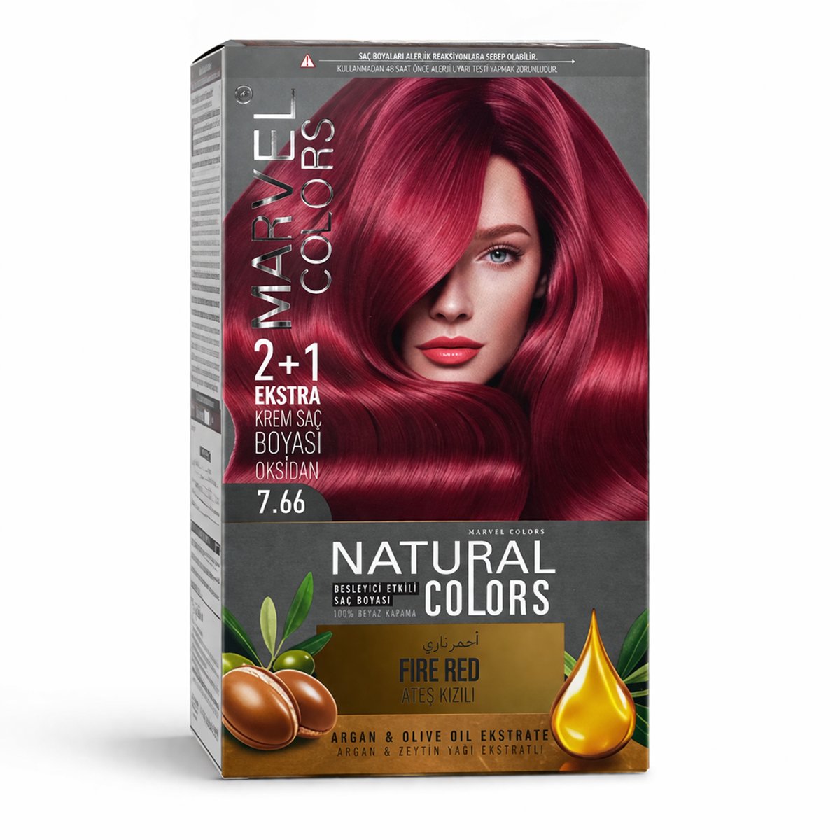 Marvel Natural Colors 7.66 Vurig Rood Permanente Crème Haarverf – Intense Glanzende Kleur, 100% Grijsdekking, met Argan- en Olijfolie Extract, 2+1 Set
