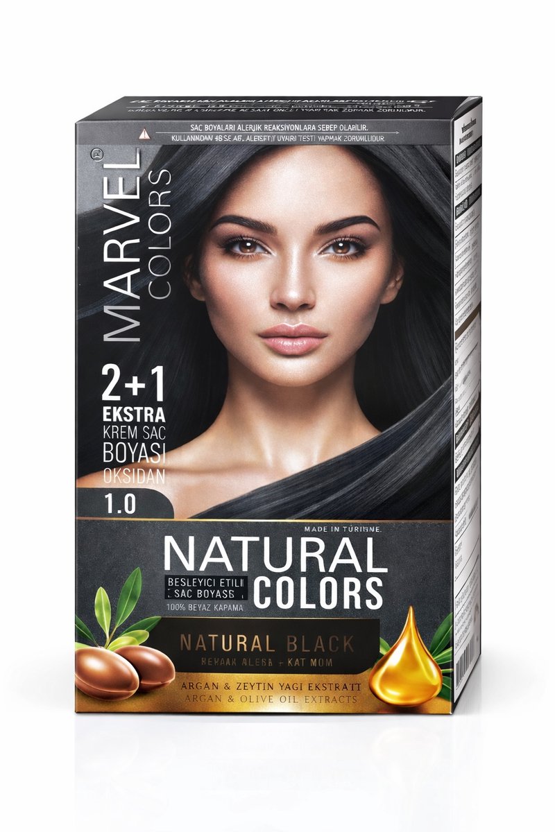 Marvel Natural Colors 1.0 Natural Black Permanente Creme Haarverf 2+1 Extra Set met Argan- en Olijfolie Extract, Inclusief Oxidatiecrème, Nabehandelingsshampoo en Voedend Haarmasker, 100% Grijsdekking