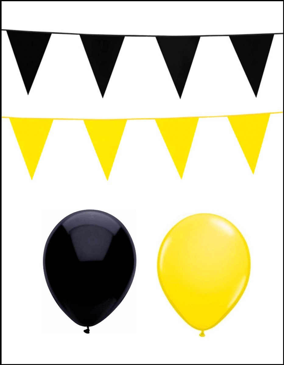 2x Vlaggenlijn zwart/geel 10 meter + 20 ballonnen zwart/geel - Versiering Slinger Feestdecoratie Decoratie