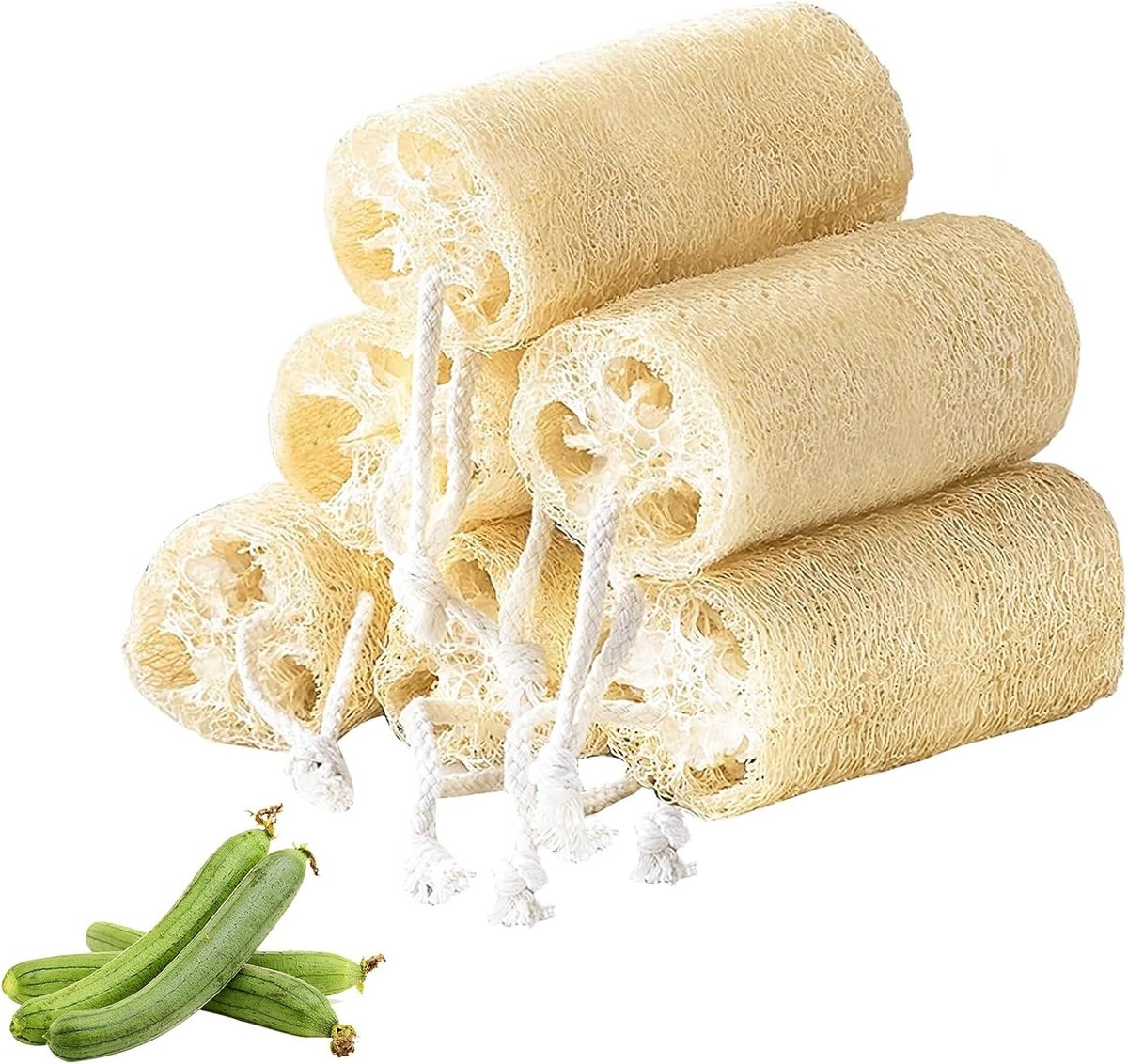 Natuurlijke loofah-spons set van 6 stuks, herbruikbare douchespons voor schrobben en reinigen, ideaal voor huidverzorging en keukenreiniging