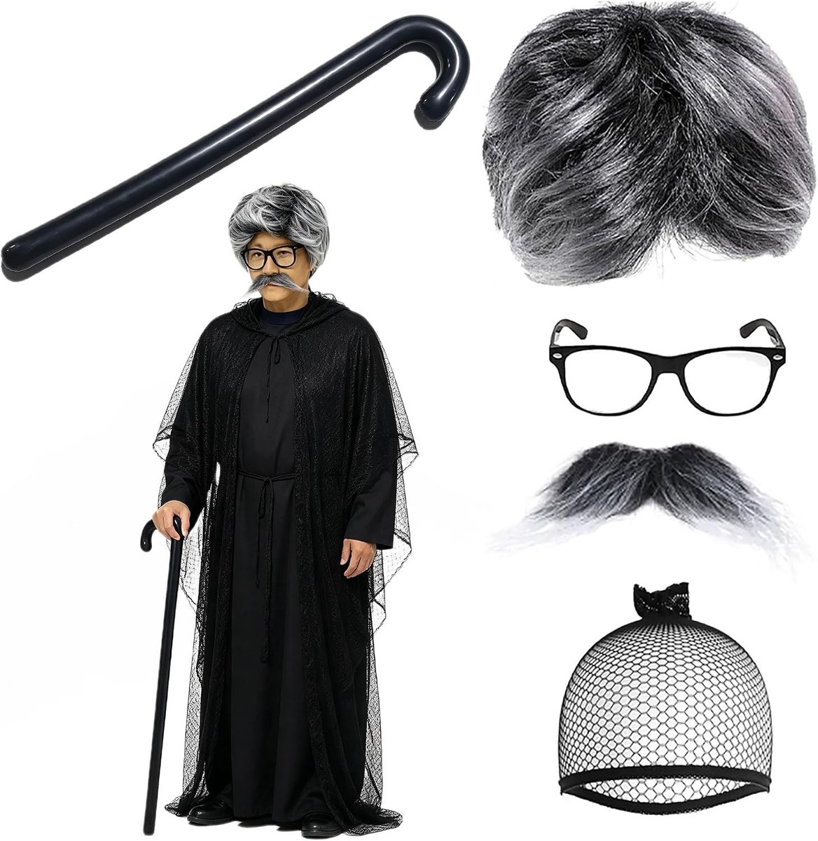 5-delige kostuumset voor opa met pruik, snor, bril en wandelstok - Perfect voor Halloween en carnaval