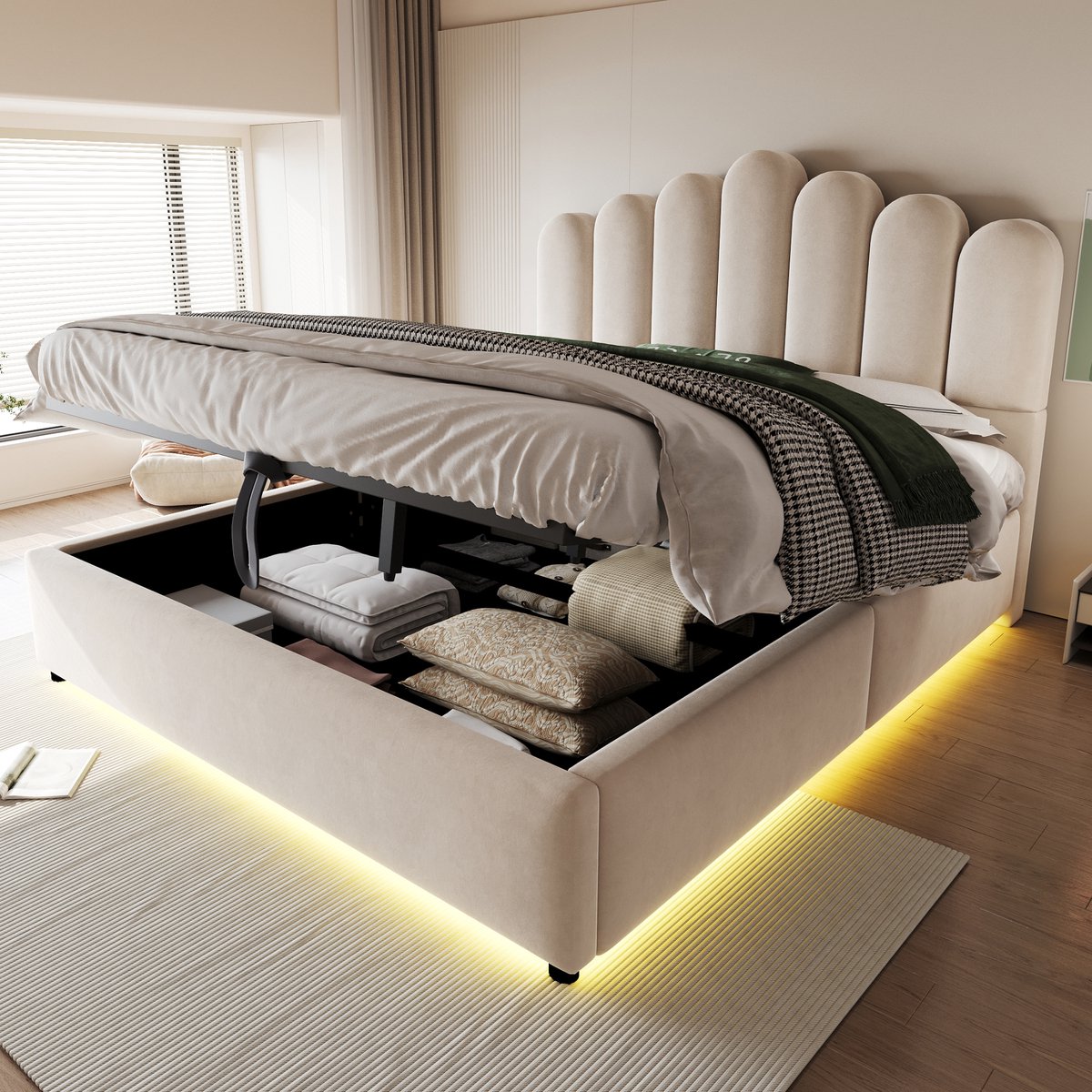 Opklapbed 140x200 cm - Met Opbergruimte - Met LED-verlichting - Met Hoofdeinde - Met Fluweel - Beige