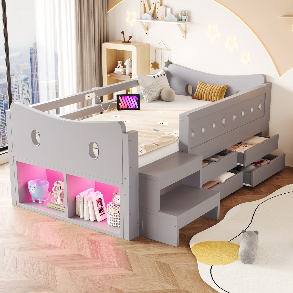 Kinderbed 90x200 cm - Met Valbeveiliging - Met Opbergruimte - Met LED-verlichting - Grijs