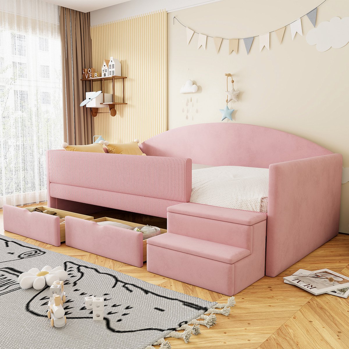 Slaapbank 90x190 cm - Met Opbergruimte - Met Fluweel - Met Lades - Roze