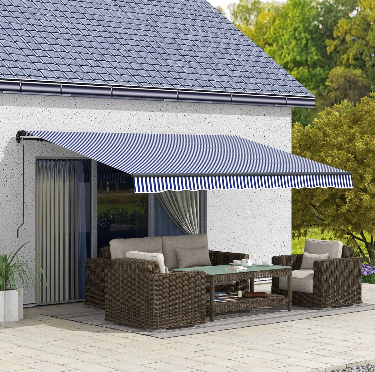 REDOM - Markise - Uitrollbaar met handkurbel - Verstelbare hellingshoek - Zonbescherming - Balkon en terras - Aluminium en polyester - Blauw - 396 x 300 cm