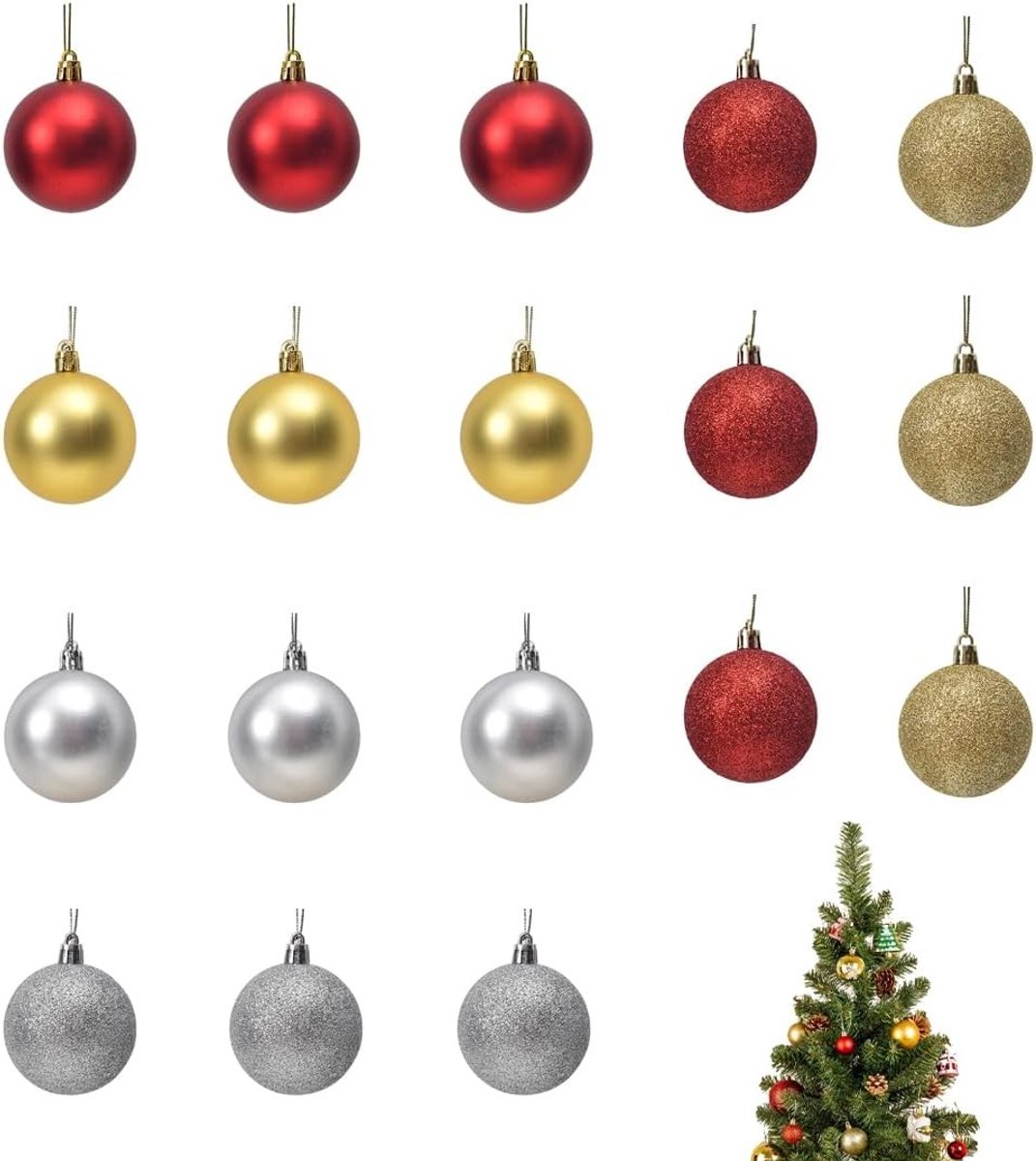 18 Stuks Kerstballen Set voor Kerstboomdecoratie in Glitter en Matte Rood, Goud en Zilver - Perfect voor Feestelijke Sfeer en Thuisdecoratie