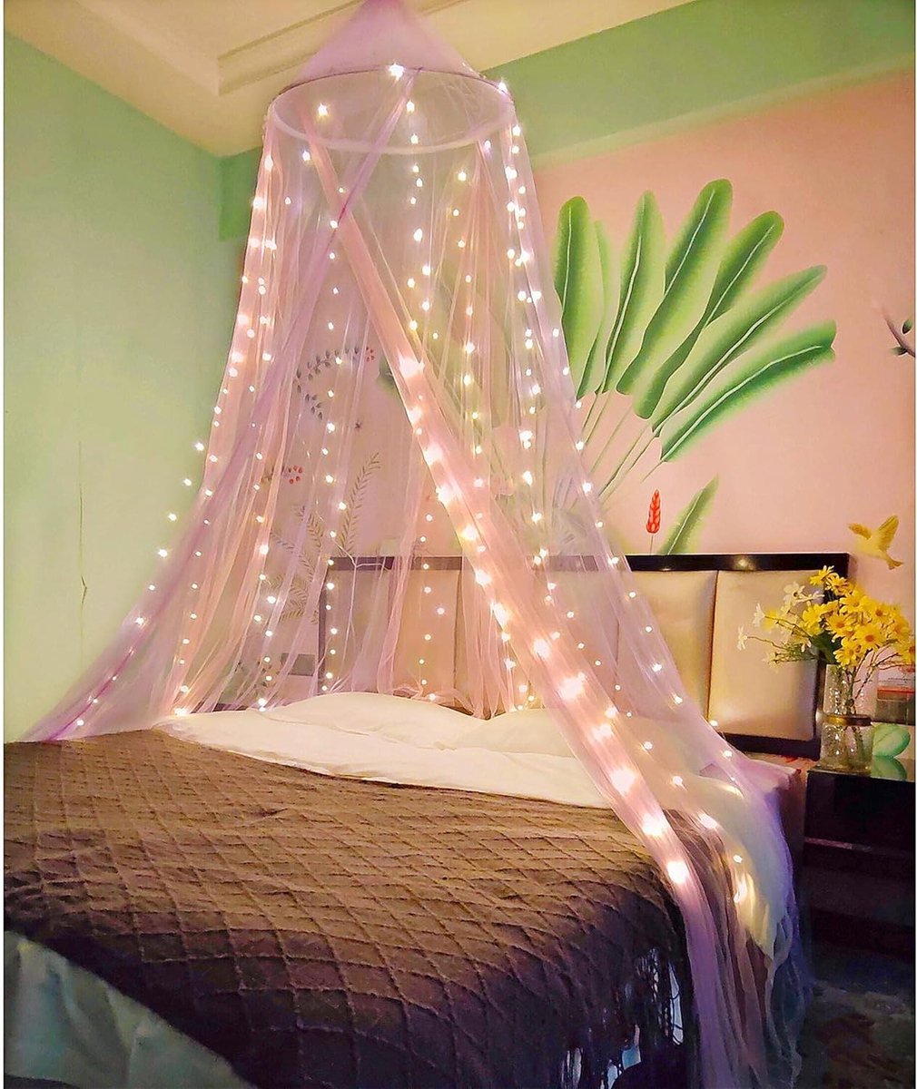 Bedhemel met lichtjes - Muggennet hemel - Kamerdecoratie - Tweekleurig ontwerp - 1150 x 65 cm - Roze paars