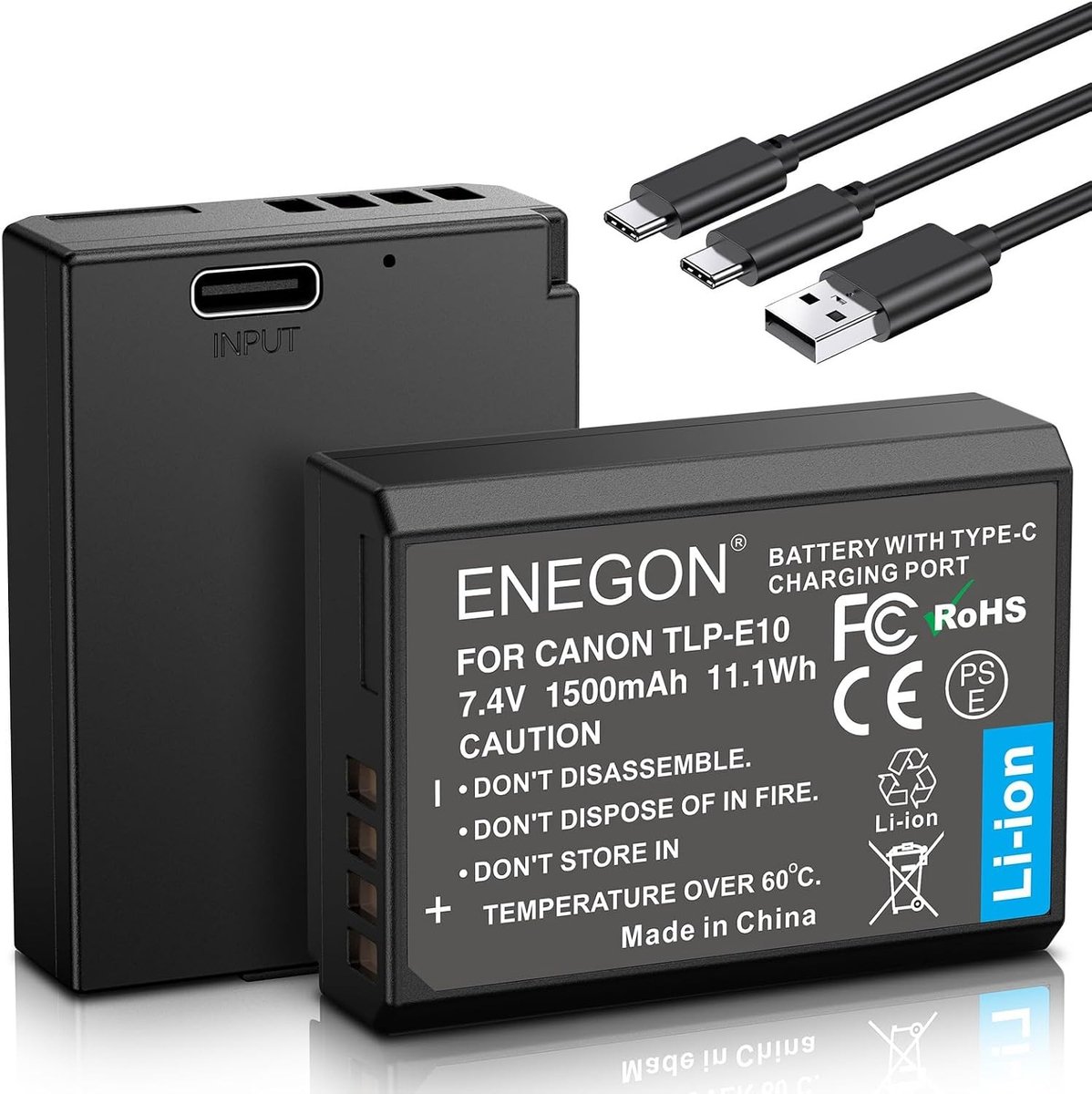 Oplaadbare Vervangende Batterij 1500mAh voor Canon EOS Camera's - Dubbelpack LP-E10 met USB-C, Geschikt voor Rebel T3, T5, T6, 1100D, 1200D en 1300D