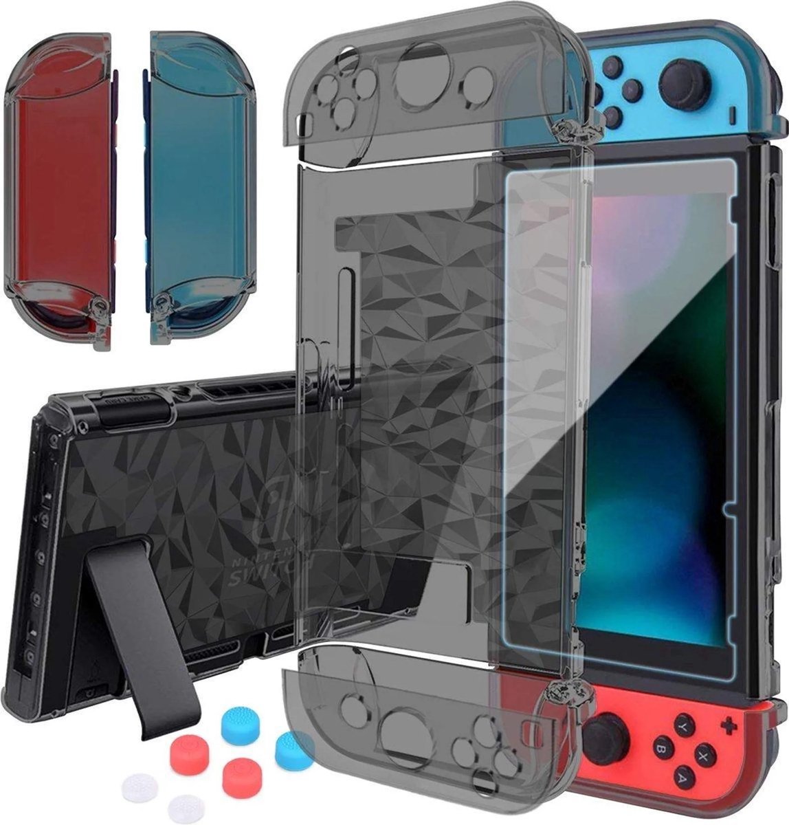 Geschikt voor Nintendo switch case-Accessoires-Schermbeschermer-Transparante beschermhoes geschikt voor Nintendo Switch en Joy-Con controllers-met gehard glazen screen protector en thumb stick caps-Dockable Clear Beschermhoes-Zwart