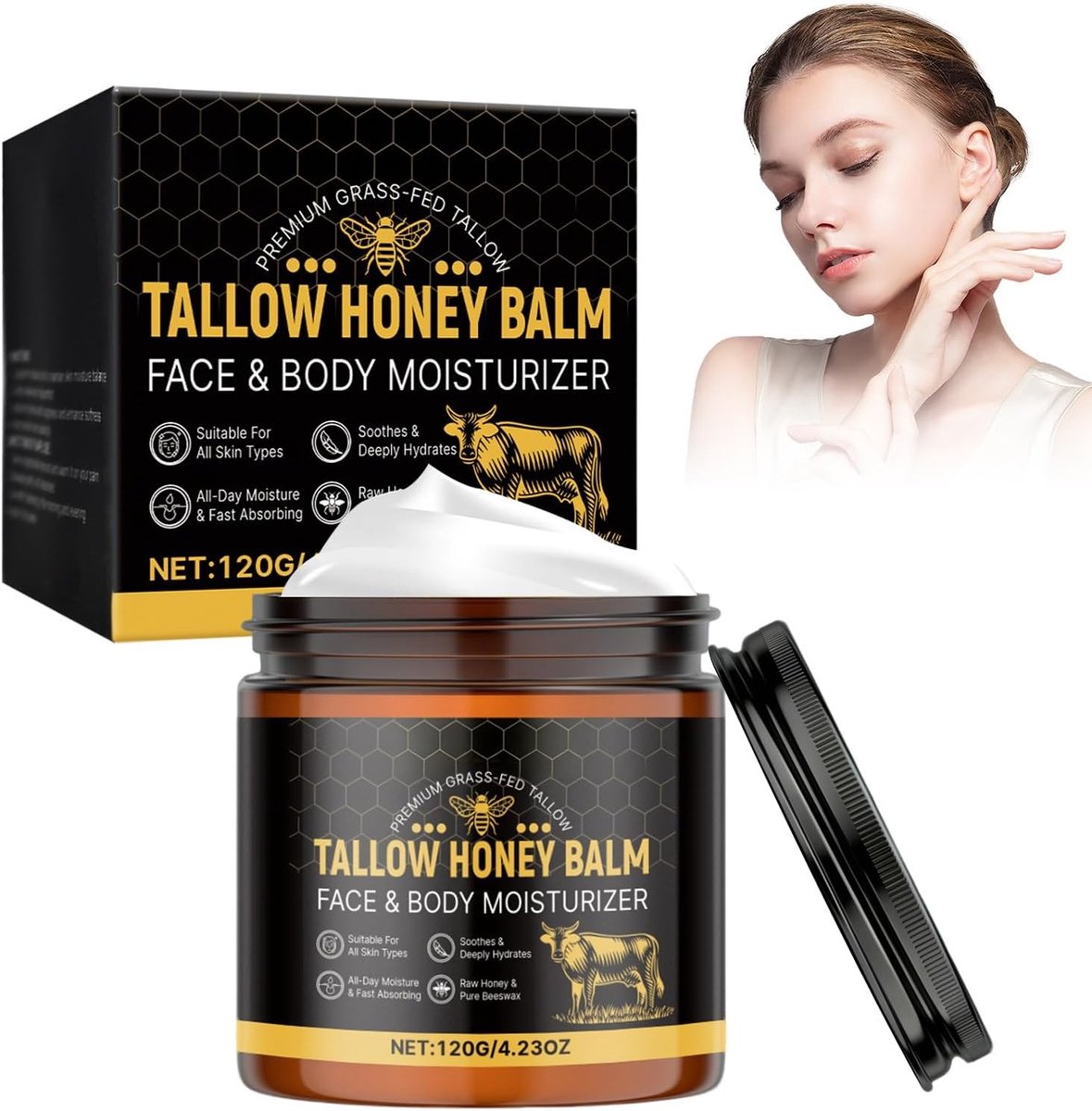 Zalf met honing en rundvet, lichte textuur, verzorgende crème voor gezicht en lichaam, hydraterende balm met natuurlijke ingrediënten