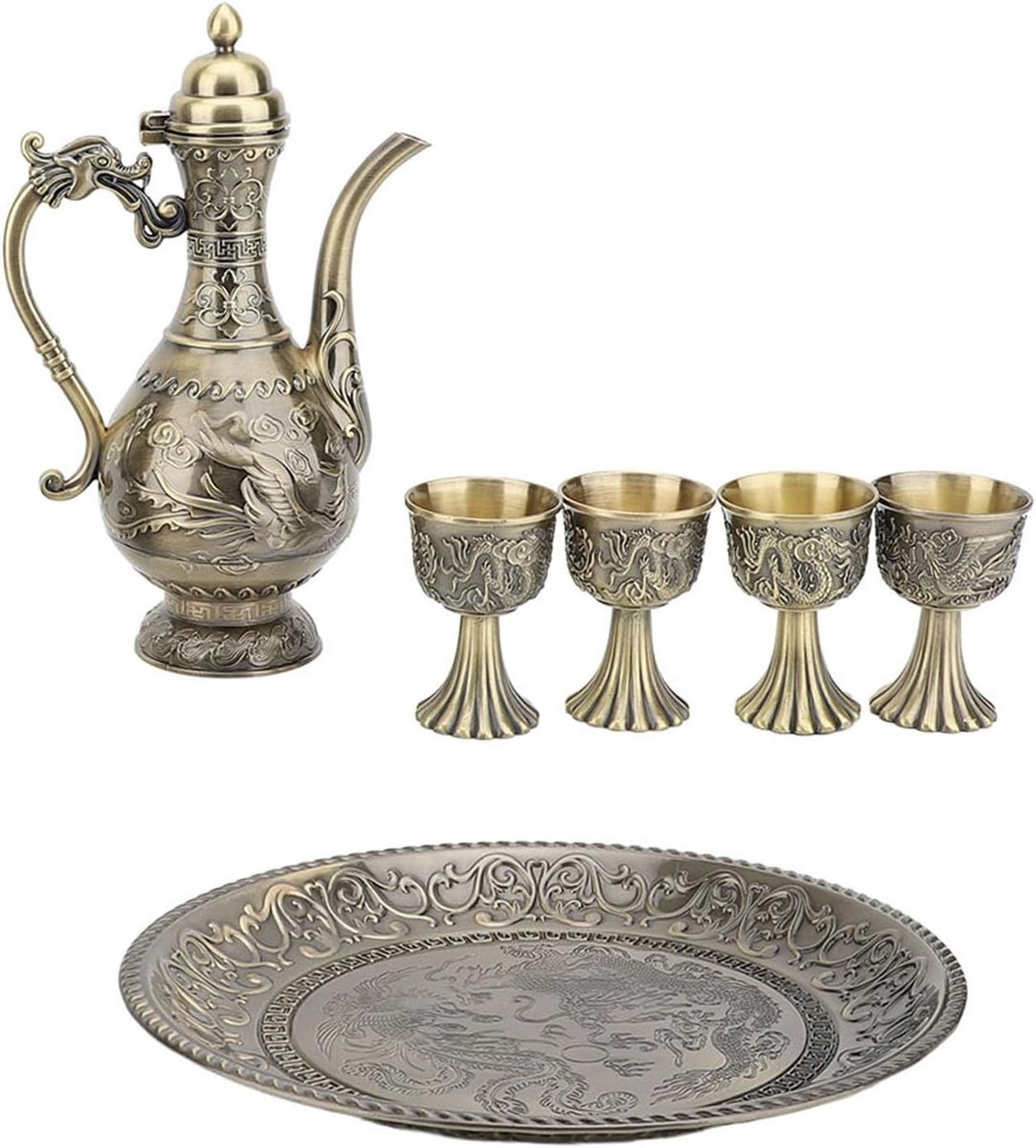 Elegante Vintage Theeset met Turkse Koffiepot, Luxe Wijnpot en 4 Mokken voor Feestelijke Decoratie