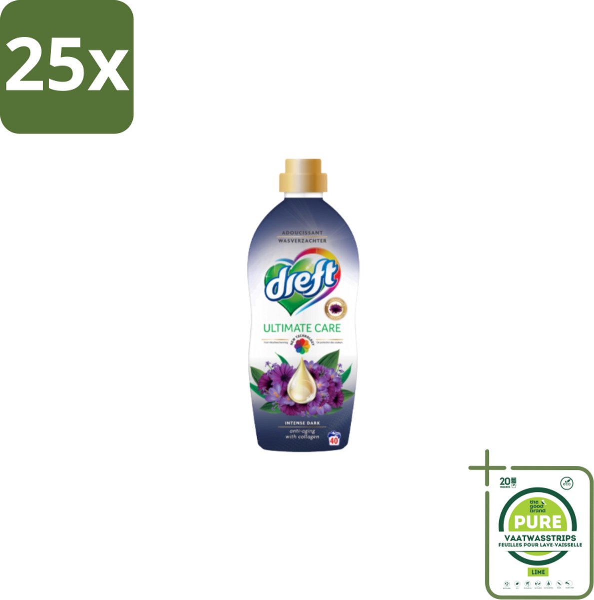 25 x Dreft – Wasverzachter – Ultimate Care Intense Dark – 40 Wasbeurten - Grootverpakking - Wasverzachter - Kleurbescherming - Collageen - Wasgoed Verzorgen - Anti-aging Was